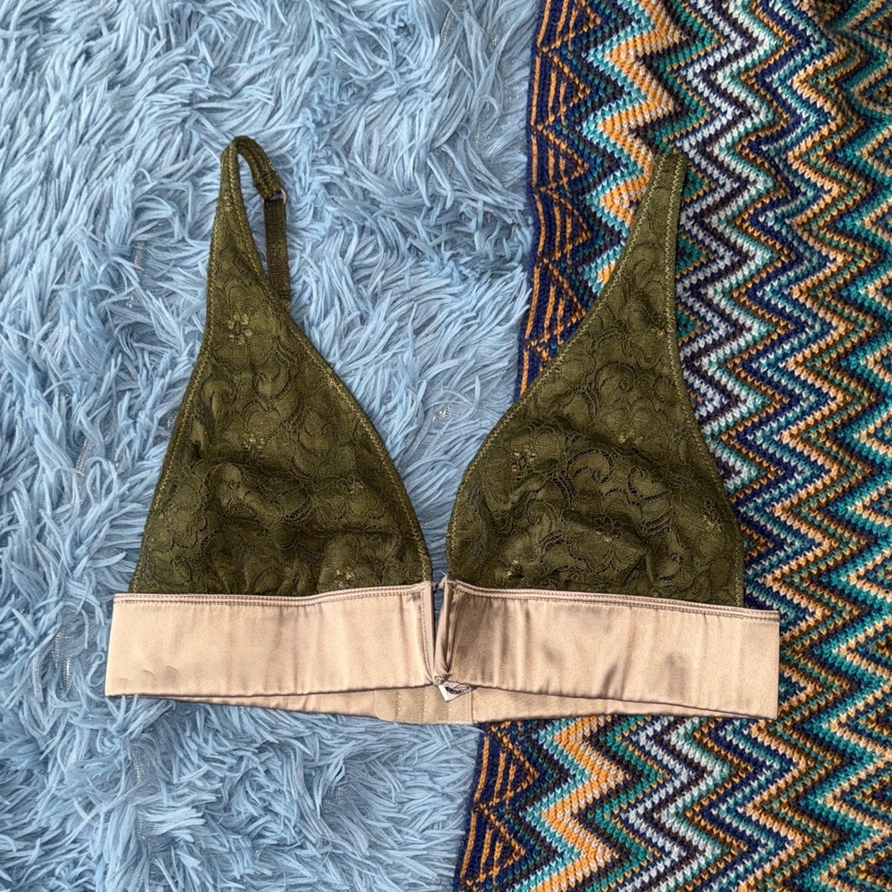 Free People Olive Green Lace Bralette with Beige Band